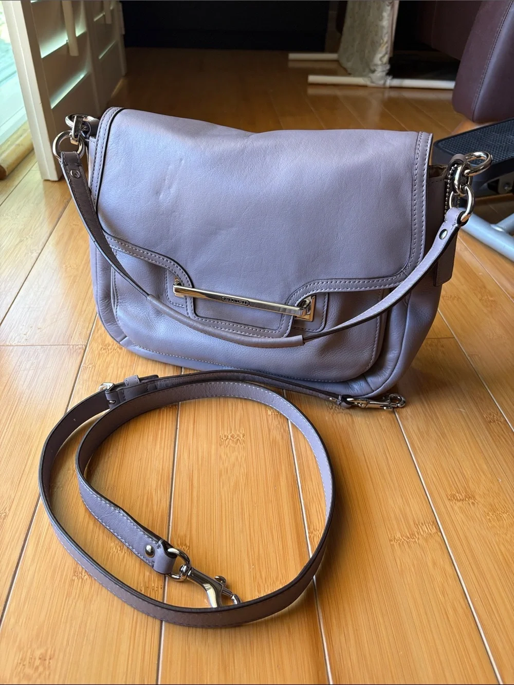 Coach Lavender Leather Flap Crossbody with Gold Hardware